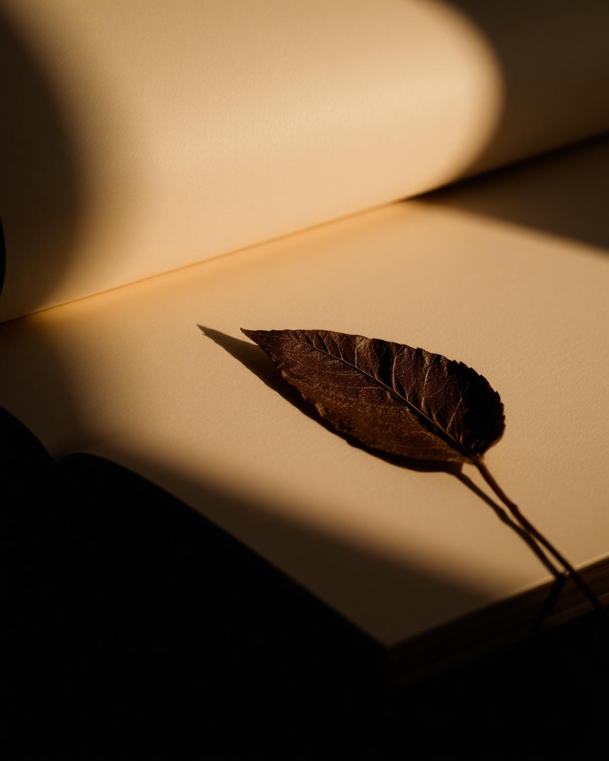 Een gedroogd blad in warm avondlicht — stilte en reflectie.